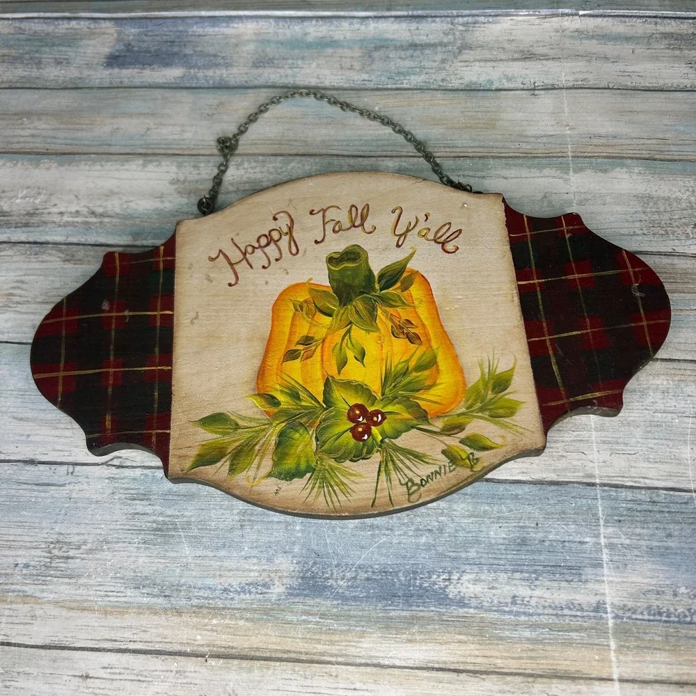 Vintage Wood Sign Fall Christmas Folk Primitive Handmade Cottagecore Two Sided